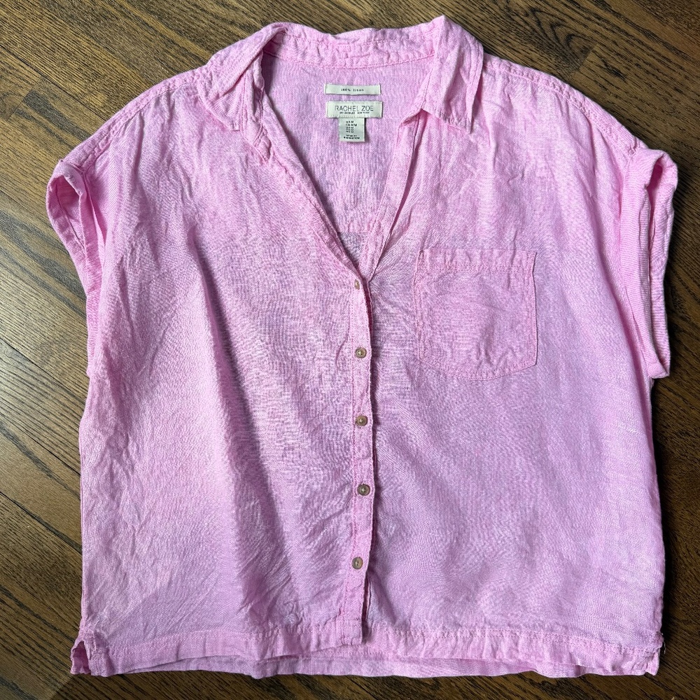Rachel Zoe Short Sleeve Button Down Linen Shirt